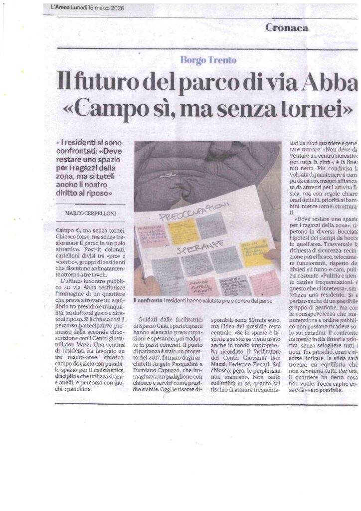 Articolo di L'Arena del 16 marzo 2026 sul parco di Via Abba